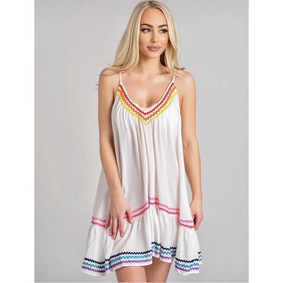 9 Seed St Tropez Cute Rainbow Zig Zag Trim Flowy VNeck Mini Pleated Sun Dress OS